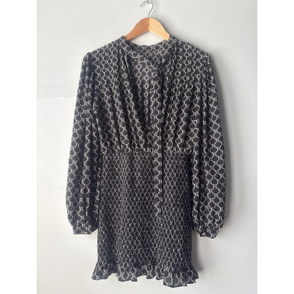 D'zzit x Felix the Cat Black Smocked Mini Dress Long Sleeve V-Neck‎ Size Small
